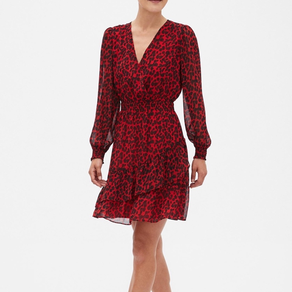Banana Republic Faux Wrap Red Leopard Smock Dress